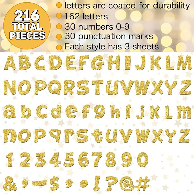Colarr 216 Pcs Glitter Bulletin Board Letters for Classroom Number Alphabet Punctuation Symbol Cutout 4'' Die-Cut Poster Letter with Adhesive Dot School Party Holiday Decor Display(Gold)