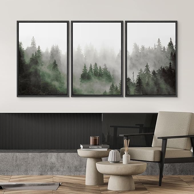 SIGNWIN Framed Canvas Print Wall Art Woodland Nursery Decor Set Fog & Mist Over Green Pine Tree Forest Nature Wilderness Modern Art Chic Landscape for Living Room, Bedroom, Office - 24"x36"x3 Black