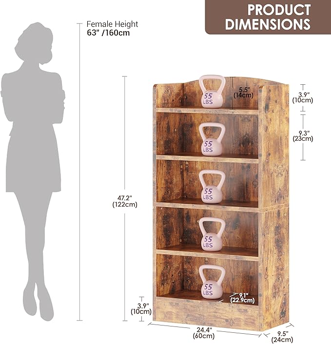 5 Tier Shelf Bookcase,47" Tall Bookshelf Display Storage Shelves,Freestanding Book Shelves for Bedroom Home Office Library Living Room,Brown