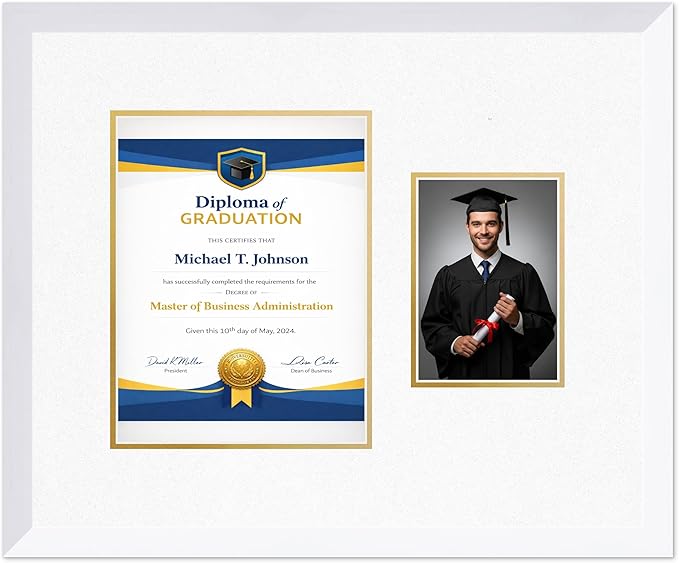 Diploma Frame With Photo Opening Bright White Oyster Shell Over Gold Mat - Fits 8.5 x 11 Degree and Picture Made in the USA