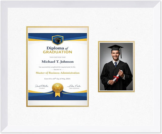 Diploma Frame With Photo Opening Bright White Oyster Shell Over Gold Mat - Fits 8.5 x 11 Degree and Picture Made in the USA