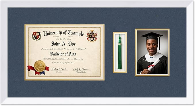 CountryArtHouse Diploma Tassel and Photo Shadowbox Fits 11.69 x 8.27 A4 Certificate with Tassel Ho Bright White Genuine Hardwood with Navy Blue Over Metallic Gold Double mat