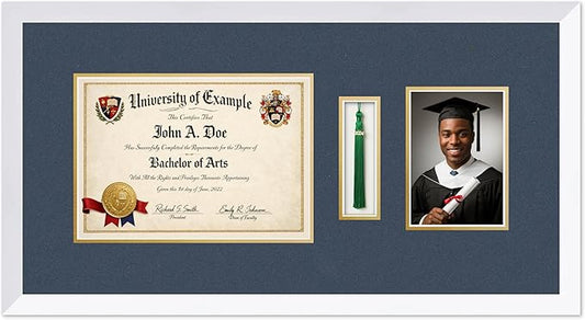 CountryArtHouse Diploma Tassel and Photo Shadowbox Fits 11.69 x 8.27 A4 Certificate with Tassel Ho Bright White Genuine Hardwood with Navy Blue Over Metallic Gold Double mat