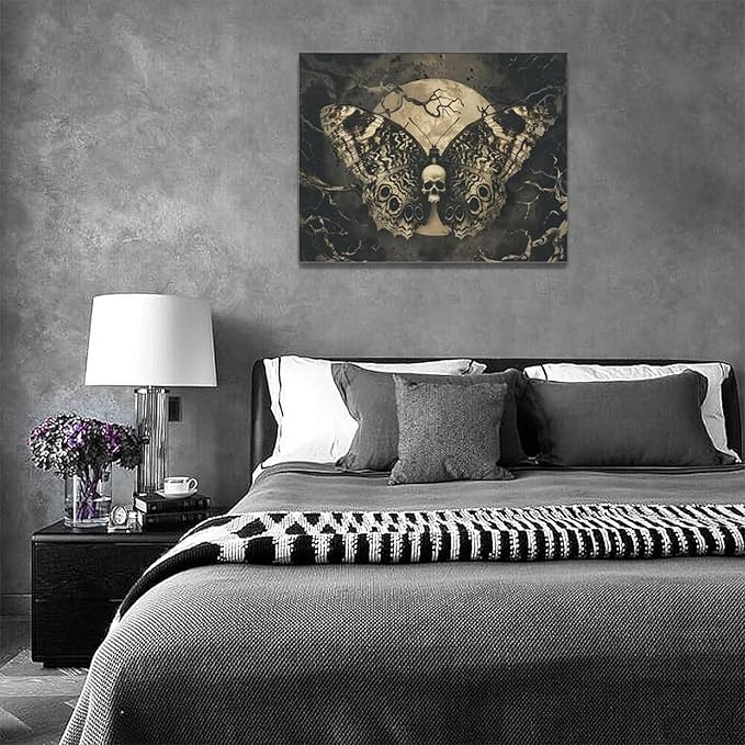 Skull Gothic Wall Art Skeleton Butterfly Dark Spooky Pictures Wall Decor Goth Horror Canvas Painting Home Modern Artwork Decorations Framed for Bathroom Living Room Bedroom Office 16x12 inch
