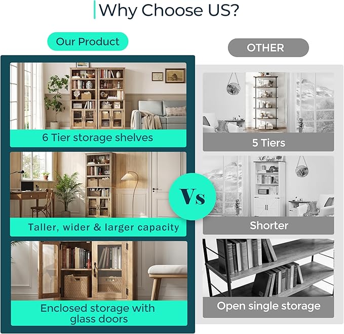 LINSY Bookshelf with Doors, 6 Shelf Bookcase Tall Bookshelves, 73" Farmhouse Book Shelf with Storage Cabinet, Wood Book Shelves for Living Room, Bedroom, Office, Rustic Brown