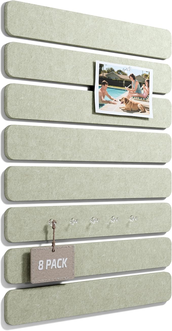 Fluxynara Cork Board Alternative Felt Strip Board 8-Pack 13"x2", Office Pin Board with 50 Push Pins, Adhesive Install for Bedroom Door & Home Office(Sage)