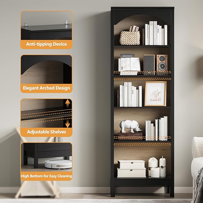 Arched Bookshelf with 5 Tier Open Shelves, 71" Tall Wood Bookcase with Adjustable Shelves, 24" Wide Floor Standing Display Storage Shelf for Home Office, Kitchen, Study and Living Room, Modern Black