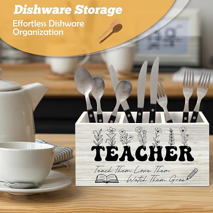 Teacher Pen Holder Organizer for Desk Accessories, Floral Themed Wooden Box Sign Desk Decorations for Office Classroom Tabletop, Graduation Teacher Appreciation Gifts for Women Men Teachers