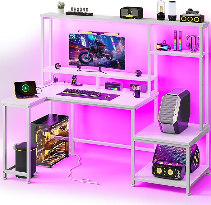L Shaped Gaming Desk with LED Lights & Outlets,55" Computer Desk with Shelves & Storage Hutch,Reversible Corner Gaming Table with Printer Space & Monitor Stand for Game Room,Home Office,White