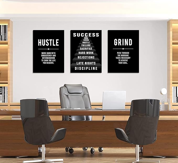 3Pcs Framed Black and White Inspirational Phrases Wall Art Stairway to Success Canvas Posters Prints Never Give Up Pictures Paintings Office Wall Decor for Home Gym Workplace