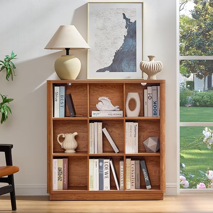 9 Cube Storage Book Shelf, 40.5" Wide Organizer Bookshelf with Curved Edge, Wood Floor Standing 3-Tier Cubby Bookcase with Base, Country Rustic Display Book Case for Library, Office, Brown