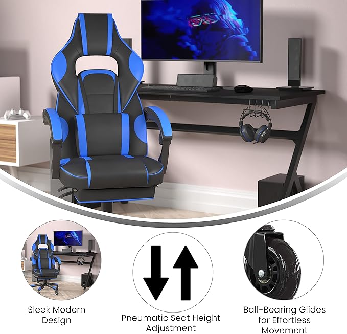 Flash Furniture X40 Gaming Chair Racing Computer Chair with Fully Reclining Back/Arms and Transparent Roller Wheels, Slide-Out Footrest, - Black/Blue