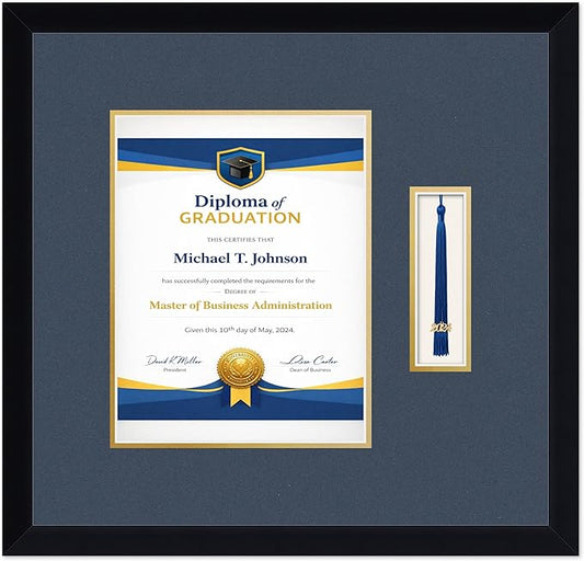 Diploma Frame with Tassel Holder Matte Black Shadowbox Navy Blue Over Gold Mat - Fits 8.5 x 11 Degree Made in the USA