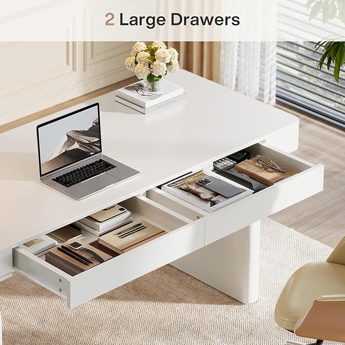 Tribesigns White Desk with Drawers, 63-Inch Modern Executive Office Desk, Glossy Elegant Work Study Desk Writing Table for Home Office, Cream White