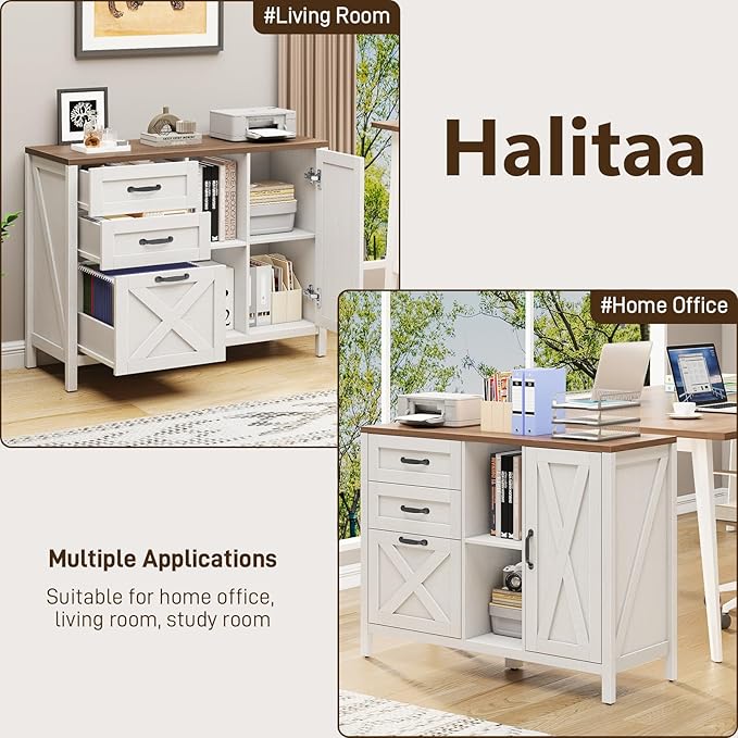3 Drawer File Cabinet, Farmhouse Style Lateral Filing Cabinet Suitable for Letter or A4 Size Files, Wooden Home Office Storage with Adjustable Shelf and Printer Stand, White and Brown