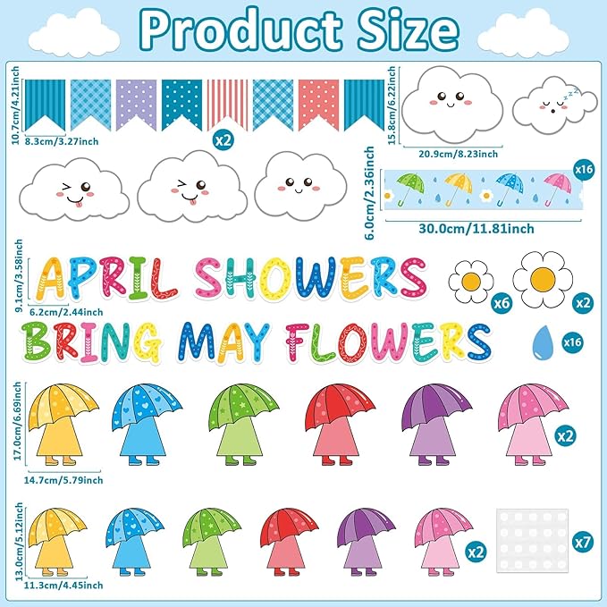 gisgfim April Showers Bring May Flowers Bulletin Board Set Spring Easter Classroom Decorations Colorful Umbrella Clouds Floral Paper Cutouts for School Home Nursery Chalkboard Door Wall Decor