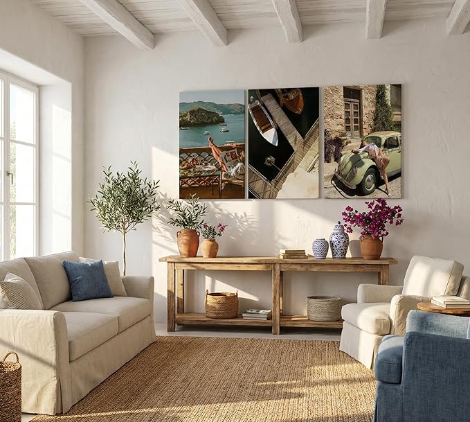 3Pcs Mediterranean Coastal Canvas Wall Art Vintage Italian Travel Photography Pictures Wall Decor Beach Vacation Lifestyle Posters Prints for Living Room Bedroom Office Home Decoration Prepare to hang
