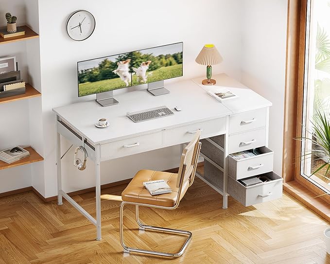 ODK Computer Desk with 6 Drawers, 48 Inch Office Desk with Storage, Reversible Desk with Headphone Hook for Home Office, Work Study Table Vanity for Bedroom, White