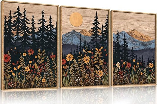 HOURIA Mid Century Woodland Mountain Framed Canvas Wall Art Set,Vintage Natural Sunset Wildflower Forest Field Decor,Wilderness Boho Floral Pine Tree Landscape Artwork for Living Room,Office-16"x24"x3