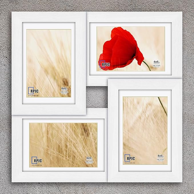 RPJC 4x6 Solid Wood Collage Picture Frame with High Definition Glass Display 4-opening Family Multi Photo Frames For Wall Hanging White