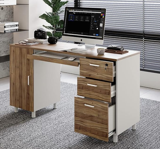 Modern Design Venice Computer Office Desk with 3 Locking Drawers and Storage Cabinet, 53 Inch Home and Office Executive Walnut and White Desk with Keyboard Tray by Crafts and Comfort