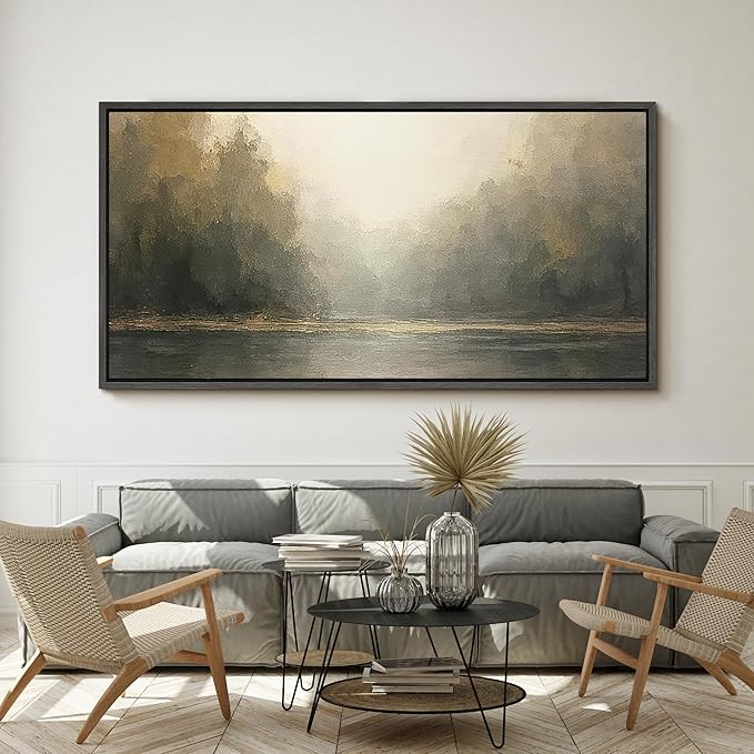 SIGNFORD Extra Large Framed Canvas Foggy Forest River Morning Illustrations Modern Art Calm Warm for Living Room, Bedroom, Office - 60"x30"