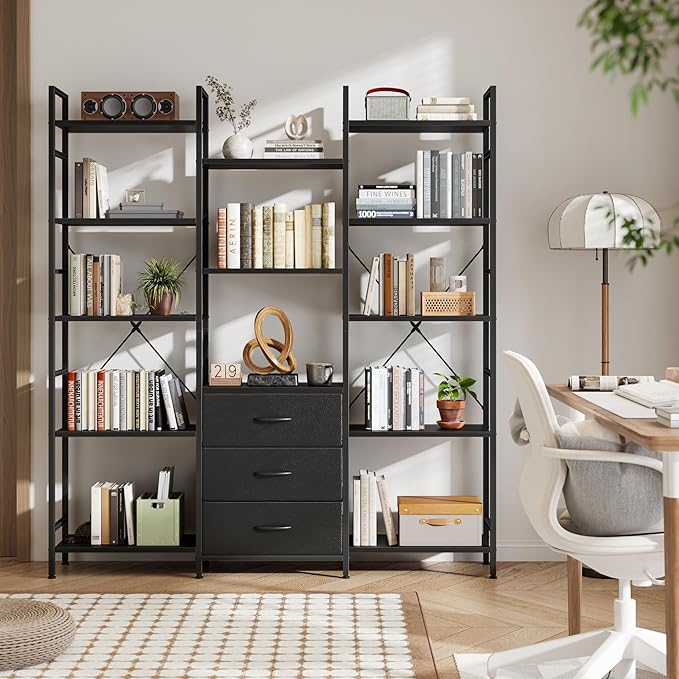 Triple Bookshelf with 3 Fabric Drawers, 5-Tier Book Shelf and 10 Display Shelves, Industrial Large Bookcase for Home & Office, Black, 47'' Wide