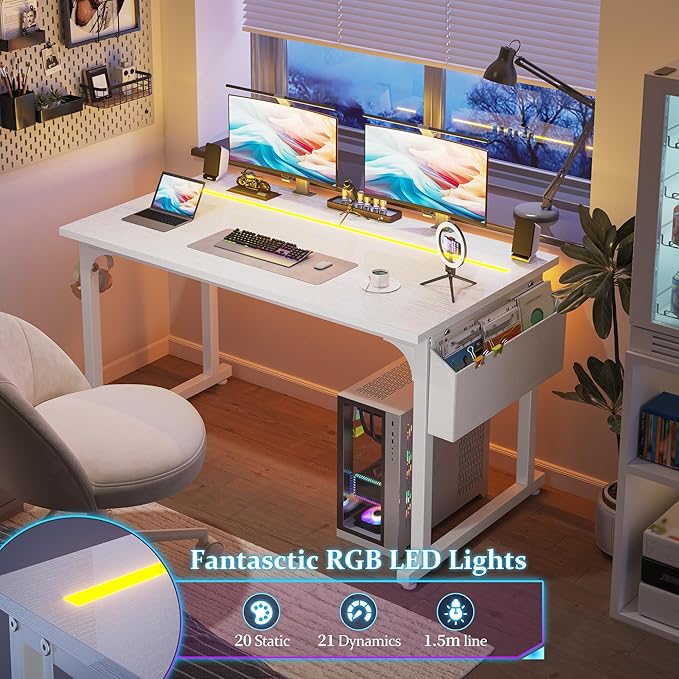 48 Inch White Computer Desk with LED Lights, Office Desk with Storage Bag for Home Office, Gaming Desk with Headphone Hook for Study Writing Work Desk,Sturdy Metal Frame