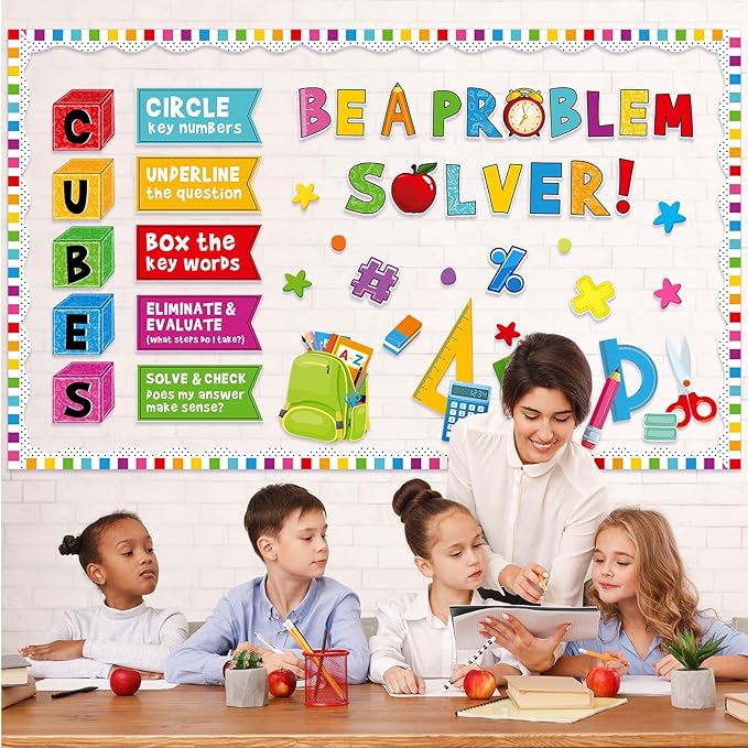 Pajean Math Bulletin Board Mathematics Cubes Classroom Decoration Be a Problem Solver Colorful Cutout for Back to School First Day Window Door Wall Elementary Preschool Teacher Supplies