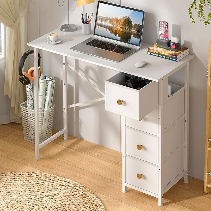 Small White Desk with Drawers for Bedroom, 35.4 Inch Kids Girls Teens Student Writing Desk with Storage, Reversible Study Table, White Computer Desk for Home Office, Makeup Vanity Desk for Small Space