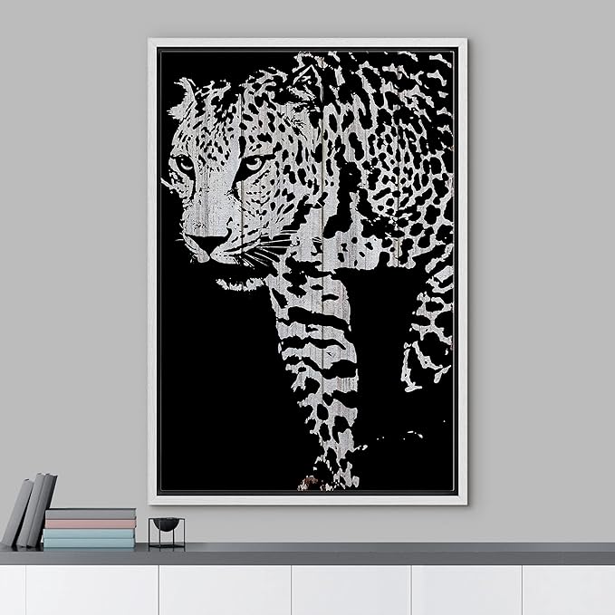 IDEA4WALL Framed Canvas Print Wall Art Grayscale Spotted Leopard on Wood Panels Animals WildLife Illustrations Modern Art Tropical Portrait Dark for Living Room, Bedroom, Office - 24"x36" WHITE