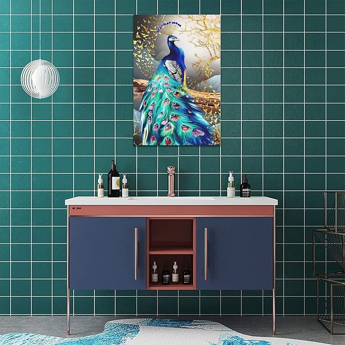 yerretin Peacock Wall Art Peacock Golden Tree Pictures Wall Decor Bird Canvas Painting Modern Decoration Artwork for Bathroom Living Room Bedroom Office Framed 16"x24"