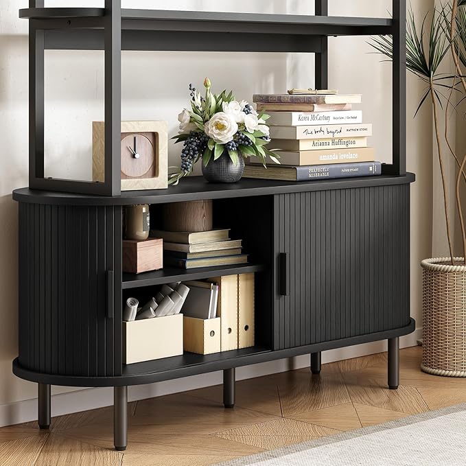 ONBRILL 71" Tall Bookshelf, 4-Tier Book Shelf with Storage Cabinet, Modern Bookcase with Sliding Door and Adjustable Footpad, Freestanding Storage Organizer Bookshelf for Living Room, Bedroom, Black