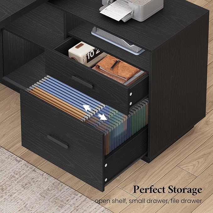 78 inch L Shaped Executive Desk with Power Outlets, Large Home Office Desk with Storage Drawers and File Cabinet, Modern Computer Desk with Shelves, Black Business Furniture