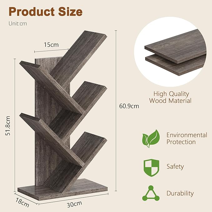 Hoctieon 4 Tier Tree Bookshelf, 4 Shelf Bookcase, Free Standing Tree Bookcase, Display Floor Standing Shelf for Books, Book Organizer Shelves for Home Office, Living Room, Bedroom, Grey