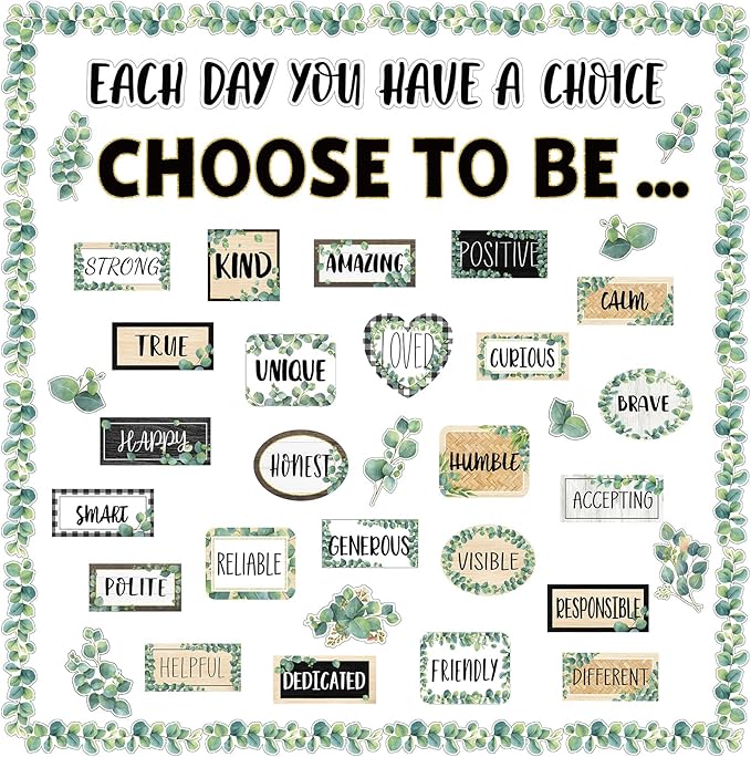 Eucalyptus Motivational Bulletin Board Set Greenery Decoration for Classroom Inspirational Posters Choose to Be Positive Accent Cutouts Eucalyptus Bulletin Boards for Teachers School Wall Supplies