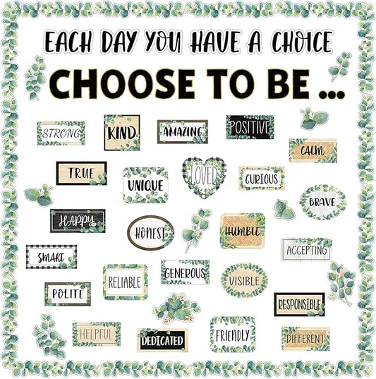 Eucalyptus Motivational Bulletin Board Set Greenery Decoration for Classroom Inspirational Posters Choose to Be Positive Accent Cutouts Eucalyptus Bulletin Boards for Teachers School Wall Supplies