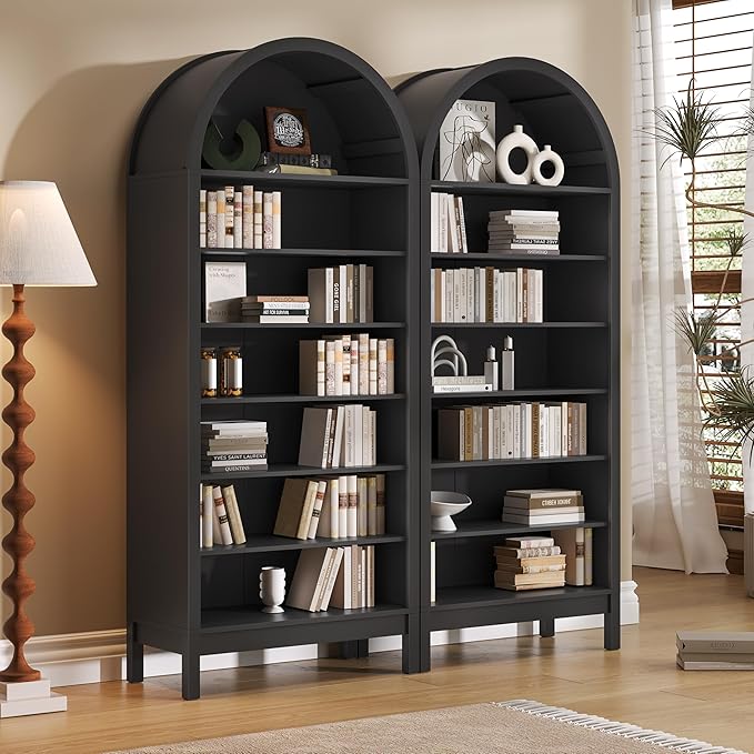 Tall Arched Bookshelf, 7-Tier Bookcase with 3 Adjustable Shelves, Modern Farmhouse Storage Shelf for Living Room, Entryway, Office, 29.5" W x 70.1" H x 13.8" D, Black