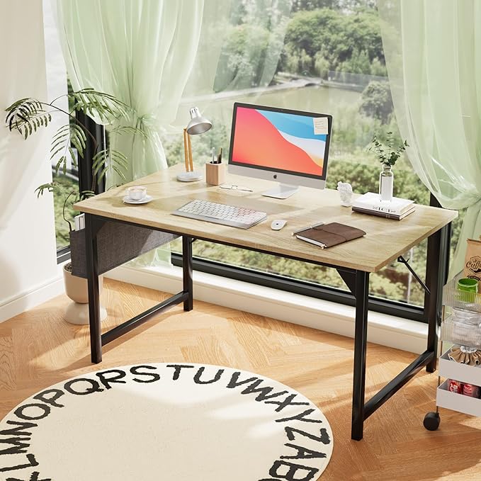Furmax Computer Desk 48 Inch Small Office Desk with Storage Bag & Headphone Hook, Workstation for Home Office, Modern Writing Study Table (Oak)