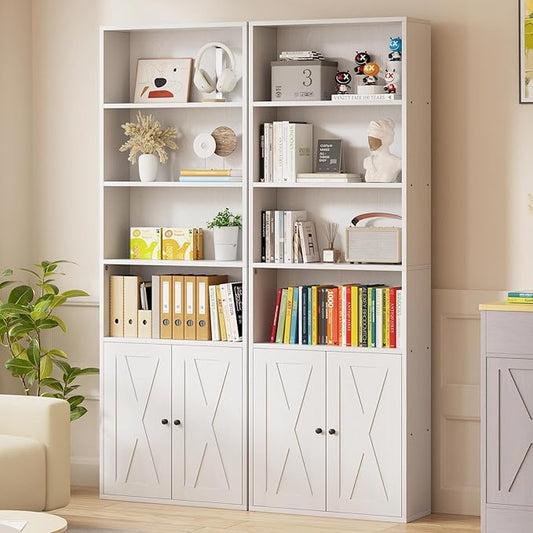 Vongrasig 6-Tier Open Bookcase and Bookshelf with Doors, Floor Standing Farmhouse Display Storage Shelves 71 Inch Wood Tall Bookcase for Home Office, Living Room, Bed Room, White, 2 Pieces