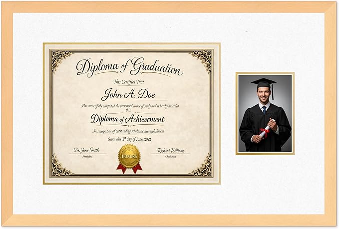 Diploma Frame With Photo Opening Natural Wood Oyster Shell Over Gold Mat - Fits 15 x 12 Degree and Picture Made in the USA