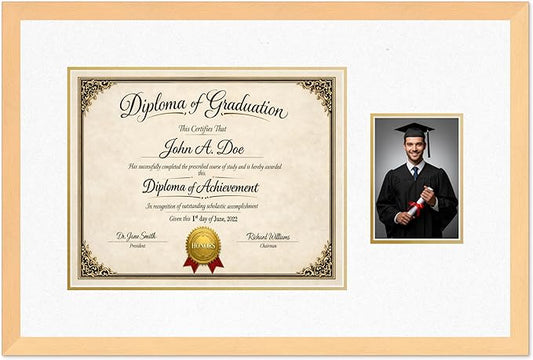 Diploma Frame With Photo Opening Natural Wood Oyster Shell Over Gold Mat - Fits 15 x 12 Degree and Picture Made in the USA