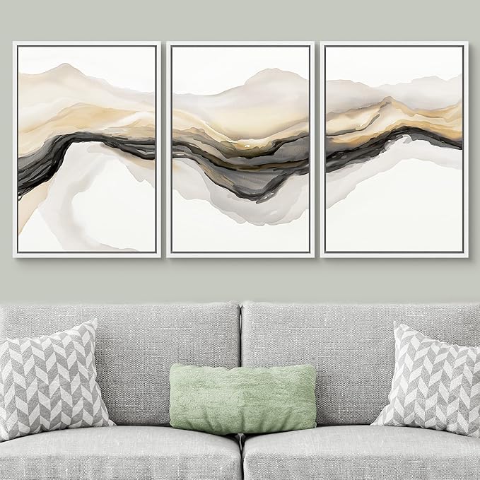 SIGNWIN Framed Canvas Print Wall Art Set Gold Gray Smoke Wave Landscape Abstract Shapes Illustrations Modern Art Decorative Contemporary Colorful for Living Room, Bedroom, Office - 16"x24"x3 White
