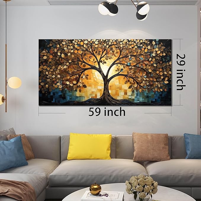 SKYRISE Abstract Tree Canvas Wall Art, Modern Colorful Decorative-Pictures with Gold Yellow and Blue Leaves Printed Painting Artwork Wall-Decor for Living Room Bedroom Office, Large Size 59x29 Inches