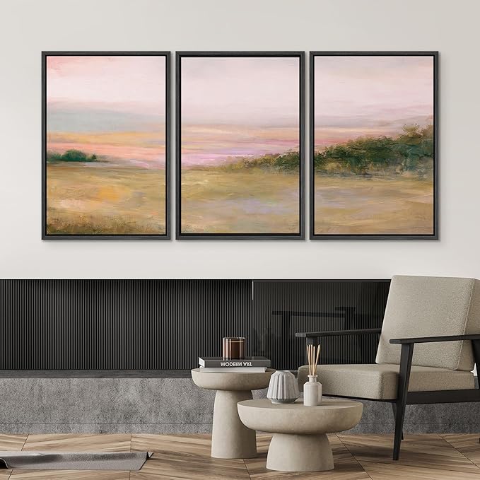 SIGNWIN Framed Canvas Print Wall Art Set Blush Sunset Over Meadow Illustrations Decorative Relax/Calm Zen for Living Room, Bedroom, Office - 24"x36"x3 BLACK
