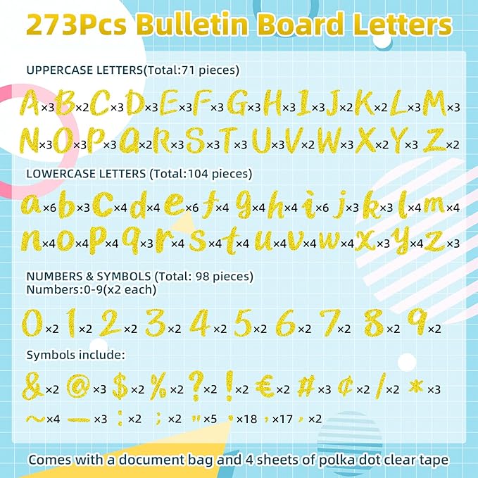 273 Pcs 4 Inch Glitter Bulletin Board Letters Set - Poster Board Letter Cutouts with Alphabet, Symbols, Numbers, Storage Bag - Classroom Decor, DIY Projects, Teacher Supplies, Office (Golden)