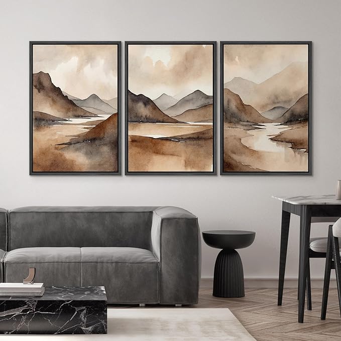 SIGNWIN Framed Canvas Print Wall Art Set Landscape Serene Mountain and River Scene in Warm Earth Tones Illustrations Modern Art Decorative Abstract for Living Room, Bedroom, Office - 24"x36"x3 Black