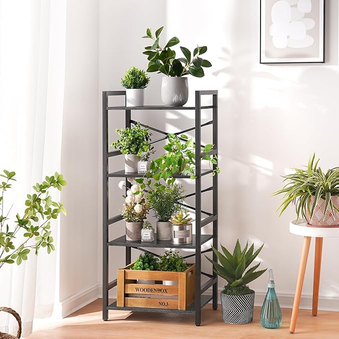 Yoobure 4 Tier Bookshelf - Small Book Shelf Industrial Bookcase, Narrow Book Case Book Storage Organizer for CD/Movie/Book, Bookshelves for Bedroom Office Living Room Charcoal Gray