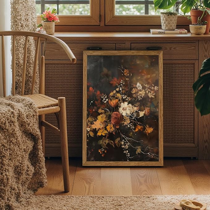 AVECCO Framed Dark Academia Vintage Flowers Canvas Wall Art, Nature Botanical Painting Wall Decor, Farmhouse Floral Plant Art Prints for Bathroom Bedroom Living Room Office Home Ready to Hang 16x24 In