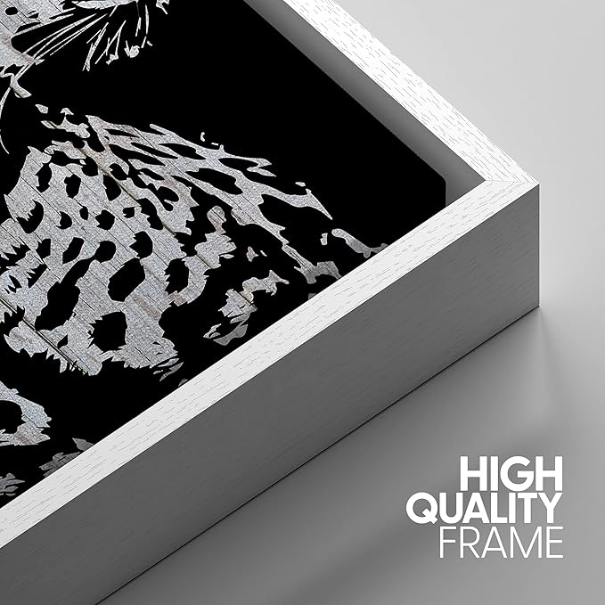 IDEA4WALL Framed Canvas Print Wall Art Grayscale Spotted Leopard Profile on Wood Panels Animals WildLife Illustrations Modern Art Tropical Portrait for Living Room, Bedroom, Office - 24"x36" WHITE